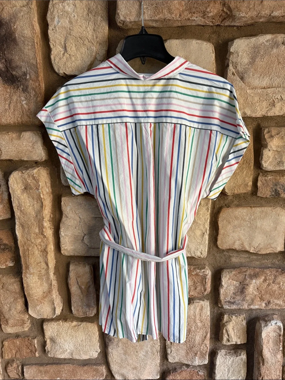 J Crew Button-front tie-waist top in rainbow mini stripe cotton poplin size L